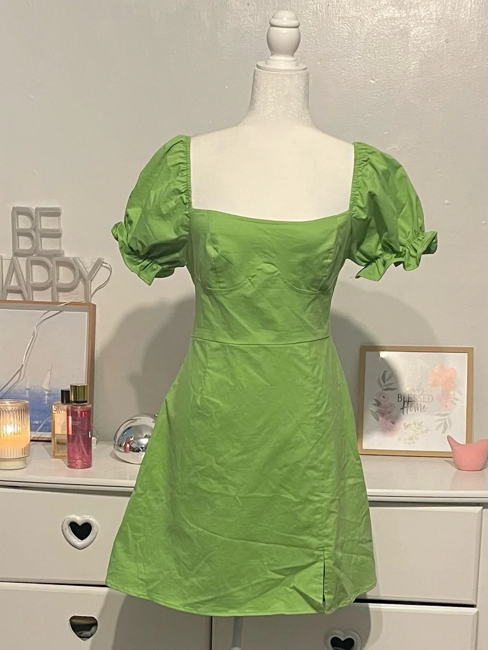 Fashion Nova Lime Green Puff Sleeve Square Neck Mini Dress size XL NWT